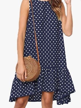 Navy Blue Polka Dot Sleeveless Ruffle Hem Dress